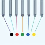 Illustration of several tattoo ink colors in a row, each met by a differently colored laser beam, showing how wavelength is matched to color
