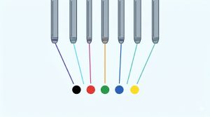 Illustration of several tattoo ink colors in a row, each met by a differently colored laser beam, showing how wavelength is matched to color