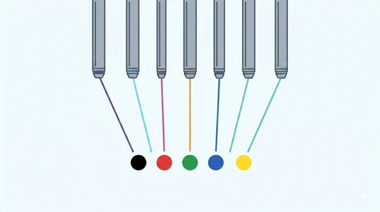 Illustration of several tattoo ink colors in a row, each met by a differently colored laser beam, showing how wavelength is matched to color