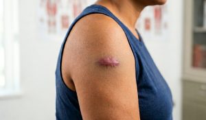 Keloid scar on woman's arm