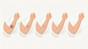 Illustration of a single tattoo fading from dark to nearly gone across a row of stages, representing multiple laser removal sessions