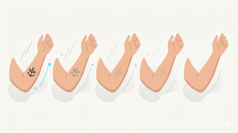 Illustration of a single tattoo fading from dark to nearly gone across a row of stages, representing multiple laser removal sessions
