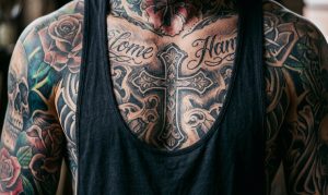 Man's chest covered in tattoos