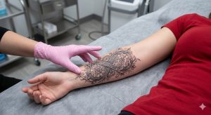 A young woman about to get a tattoo removed